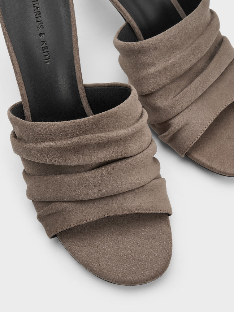Faux Suede Ruched Heeled Mules, Taupe, hi-res