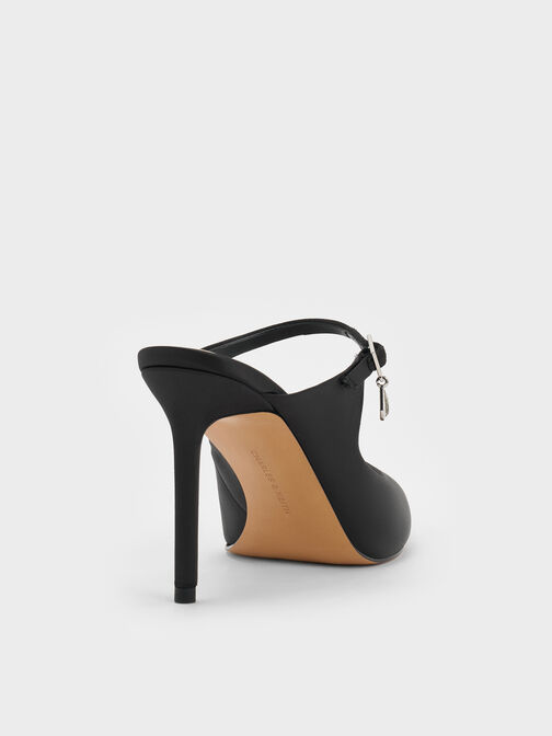 حذاء (مولز) ساتان مفتوح من الخلف، مزوّد بشريط عند الكاحل مزين بكريستالات على شكل دمعة وحزام بمشبك، بكعب طويل ورفيع., أسود خشن, hi-res