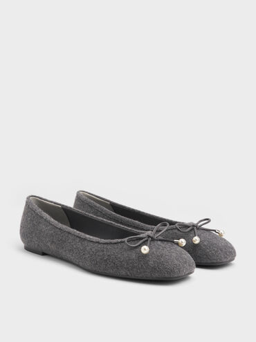 Barbara Felt Pearl-Bow Ballet Flats, Grey, hi-res