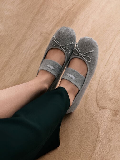Winona Felt Bow Furry-Strap Mary Jane Flats, Light Grey, hi-res