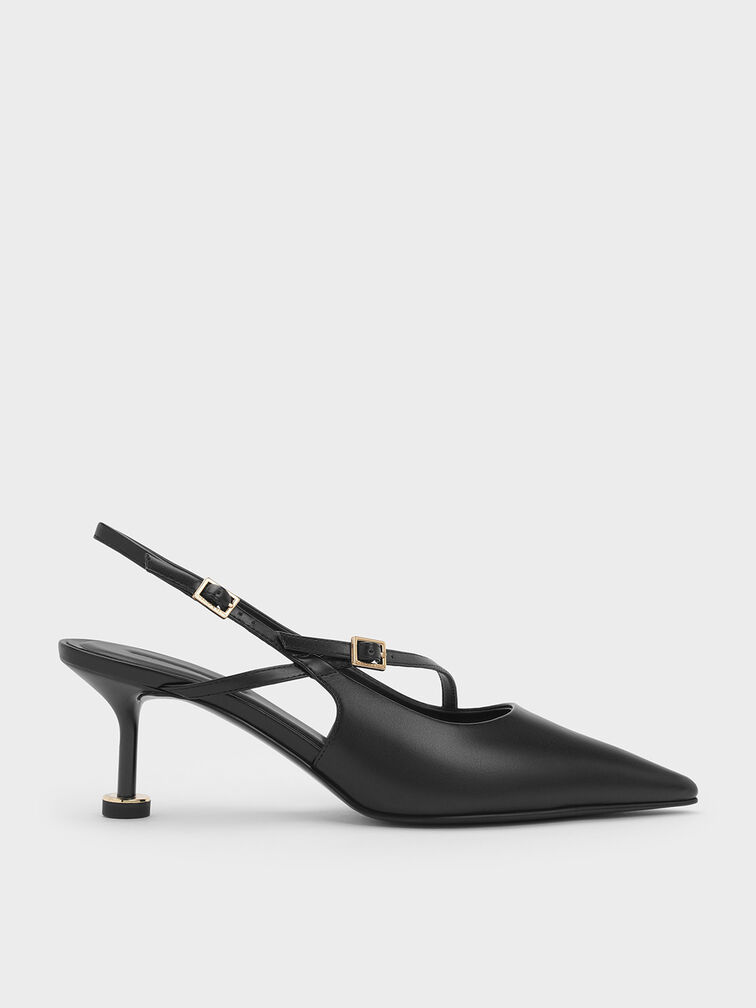 Wynn Buckled Sculptural-Heel Slingback Pumps, Black, hi-res