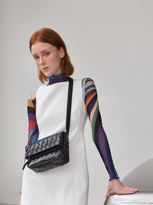 Ivette Woven Front Flap Crossbody Bag, Noir, hi-res