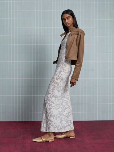 حذاء (مولز) من الساتان بدون كعب، مفتوح من الخلف مزوّد بشريط عند الكاحل مزين بكريستالات على شكل دمعة, ذهبي, hi-res