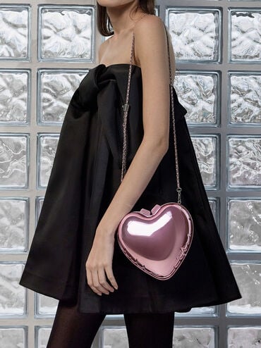 Metallic Heart Crossbody Bag, Pink, hi-res