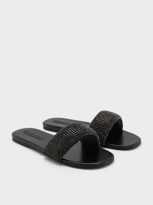 Faux Suede Crystal-Embellished Slide Sandals, Black Textured, hi-res