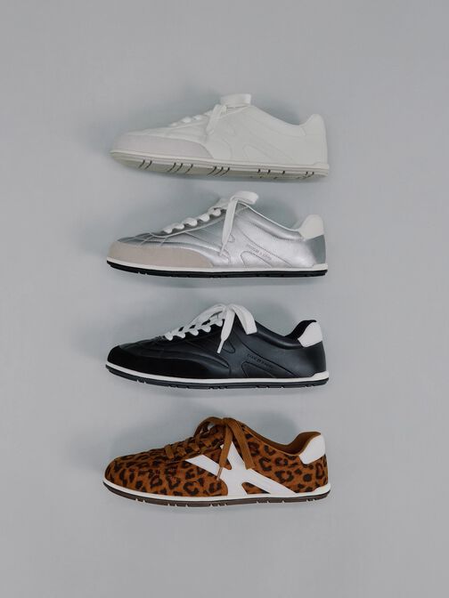 Faux Suede Two-Tone Low-Top Sneakers, White, hi-res