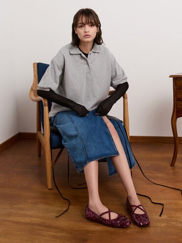 أحذية ماري جاين مسطحة مزينة بالترتر بأحزمة متقاطعة, برغندي, hi-res