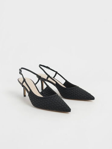Woven Slingback Pumps, Black, hi-res