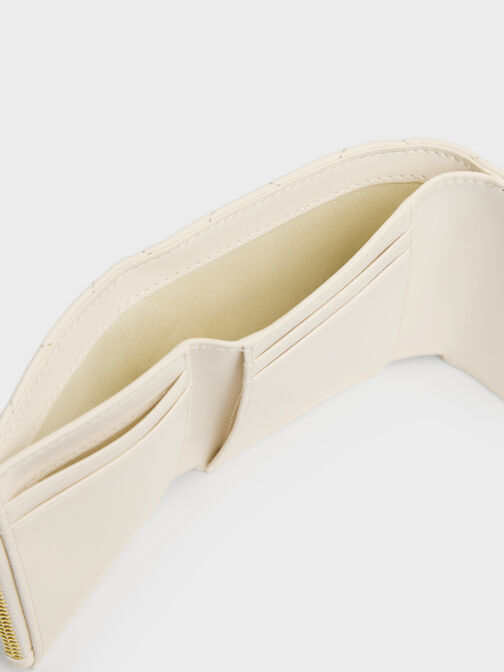 Arrietty Quilted Bow-Heart Charm Curved-Flap Wallet, Cream, hi-res