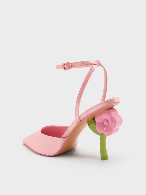 Pointed Flower-Heel Ankle-Strap Pumps, Pink, hi-res