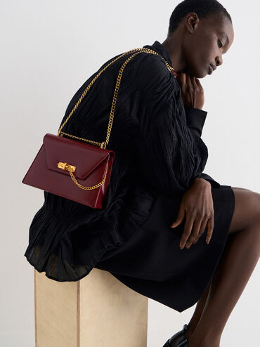 Samantha Envelope Chain-Handle Bag, Burgundy, hi-res