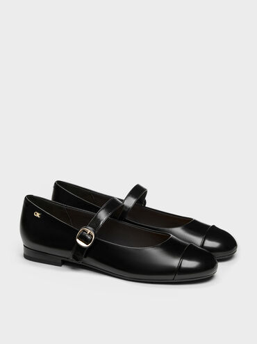 Leather Cap-Toe Mary Janes, Black, hi-res