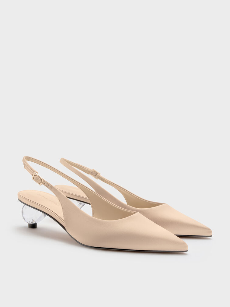 حذاء سلينغ باك (بامبس) ساتان برأس مدببة مفتوح من الخلف بكعب ومزوّد بشريط كاحل مزين بكريستالات, ذهبي, hi-res