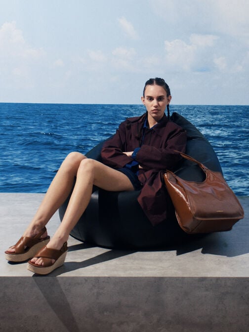 Crossover Espadrille Wedges, Brown, hi-res