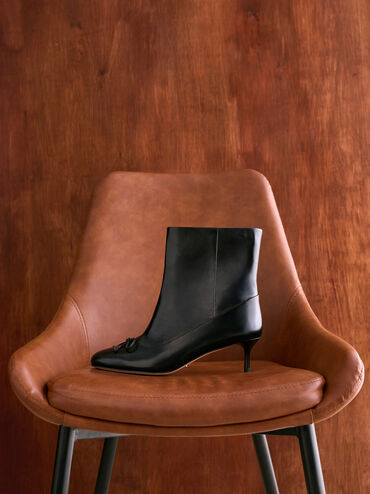Aretha Leather Bow Kitten-Heel Calf Boots, Black, hi-res