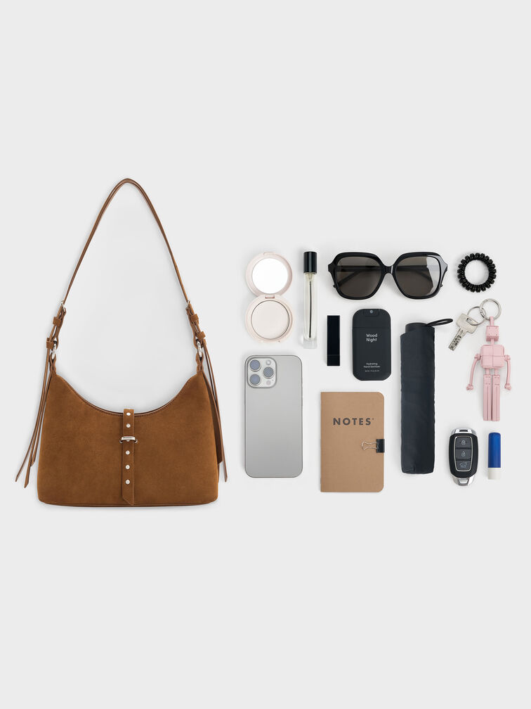 شنطة كتف لارك معاد تدويرها من شامواه بحزام, بني محمر, hi-res