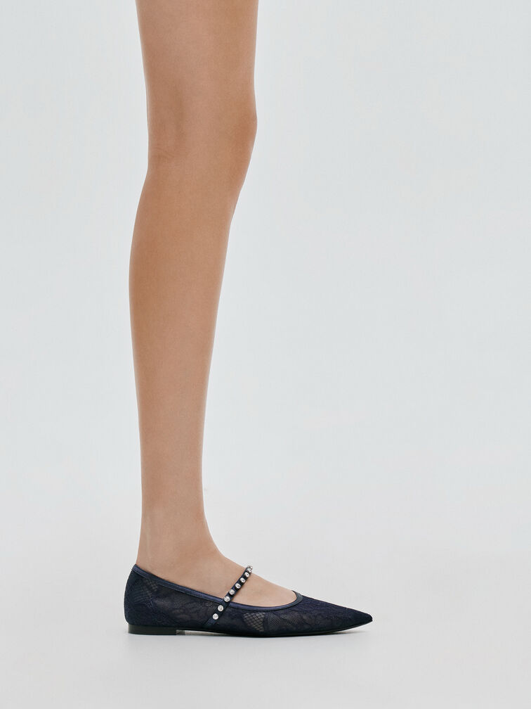 Lace & Satin Crystal Mary Jane Flats, Dark Blue, hi-res