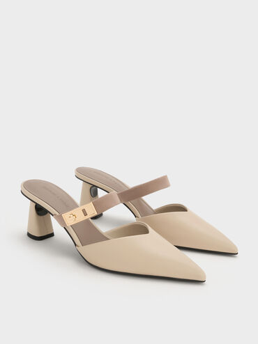 Lando Pointed-Toe Metallic-Buckle Heeled Mules, Chalk, hi-res
