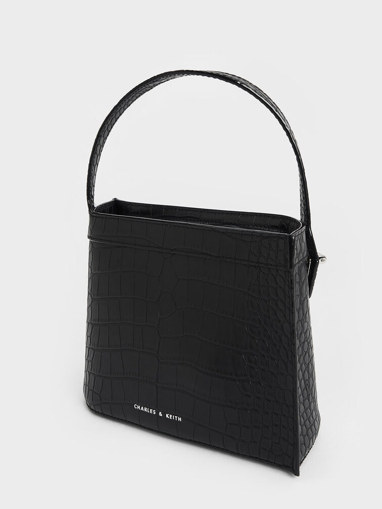 حقيبة ذات مقبض علوي بتأثير جلد التمساح, أسود كلاسيكي, hi-res