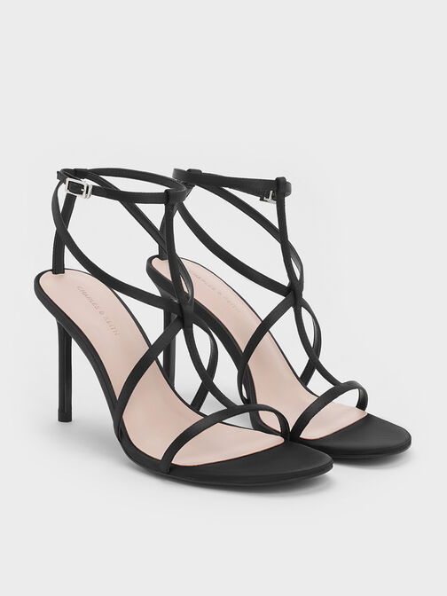 Satin Strappy Stiletto-Heel Sandals, Black Textured, hi-res