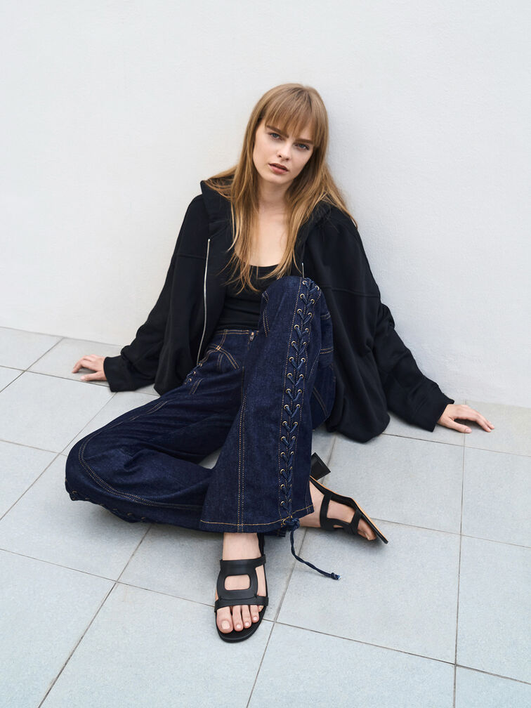 Easley Cut-Out Cylinder-Heel Mules, Black, hi-res