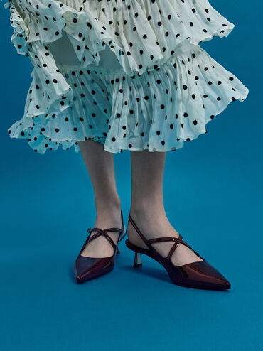 Pauline Patent Crossover Slingback Kitten Heels, Maroon, hi-res