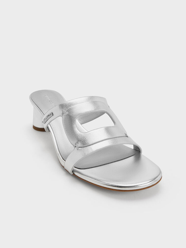 Easley Metallic Cut-Out Cylinder-Heel Mules, Silver, hi-res