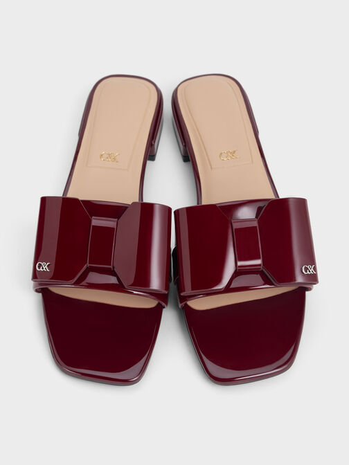 Lu Patent Leather Bow Slide Sandals, Burgundy, hi-res