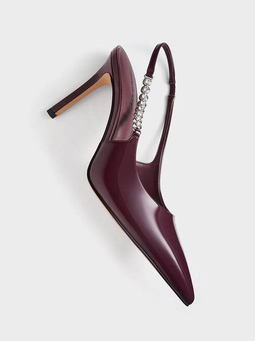 Flores Patent Gem-Strap Slingback Pumps, Burgundy, hi-res