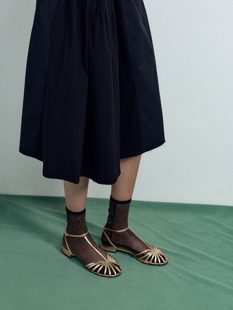 Jaylene Metallic Leather Caged Sandals, Gold, hi-res