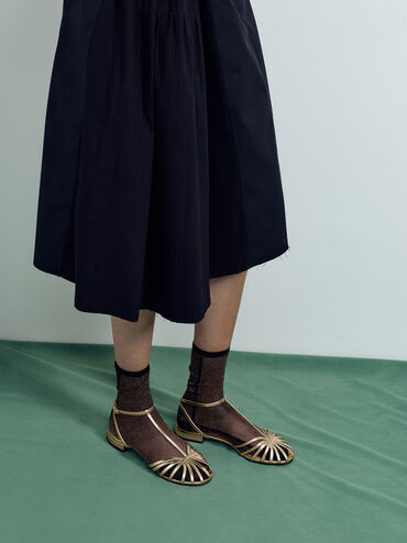 Jaylene Metallic Leather Caged Sandals, Gold, hi-res