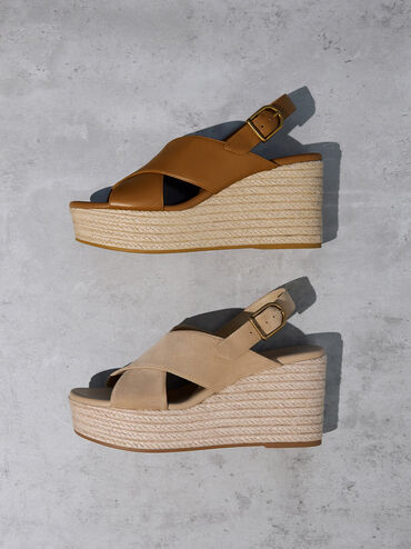 Faux Suede Crossover Espadrille Wedges, Sand, hi-res