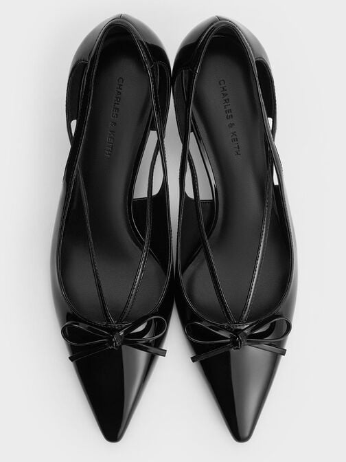 حذاء بكعب قصير مع فيونكة أمامية بلمعة, أسود براق, hi-res