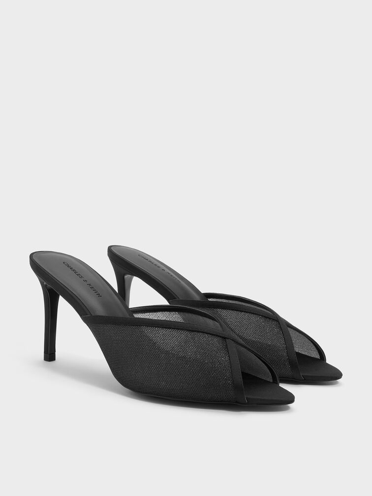 حذاء ميول بكعب ومقدمة مفتوحة من القماش الشبكي اللامع, أسود خشن, hi-res