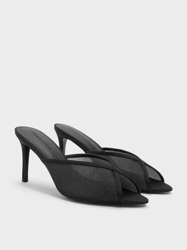 حذاء ميول بكعب ومقدمة مفتوحة من القماش الشبكي اللامع, أسود خشن, hi-res