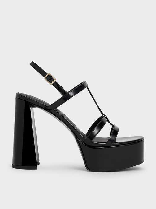 Patent T-Bar Strappy Platform Sandals, Black Patent, hi-res