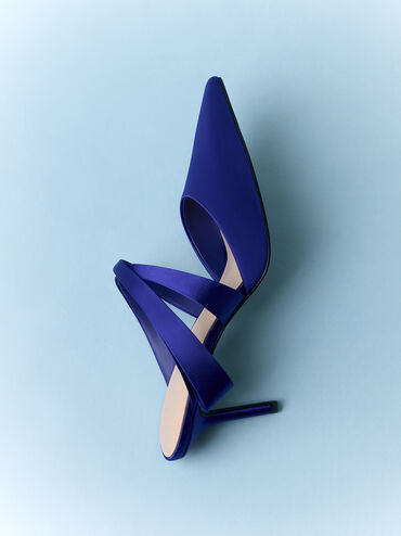 Satin Pleated-Strap Heeled Mules, Blue, hi-res