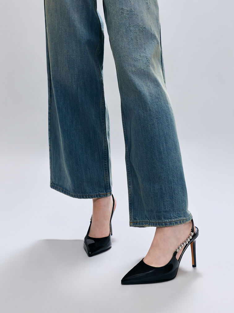 Flores Patent Gem-Strap Slingback Pumps, Black Patent, hi-res