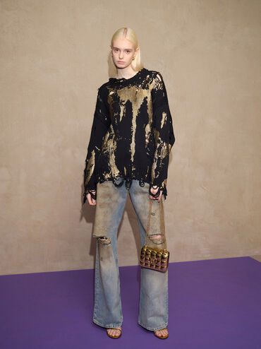 Metallic Square-Quilted Chain-Handle Bag, Gold, hi-res