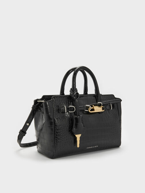 Mini Delfina Croc-Effect Belted Tote Bag, Black Croco, hi-res