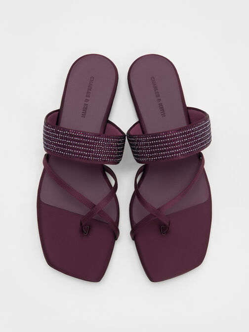 Satin Crystal-Embellished Crossover Toe-Ring Sandals, Burgundy, hi-res