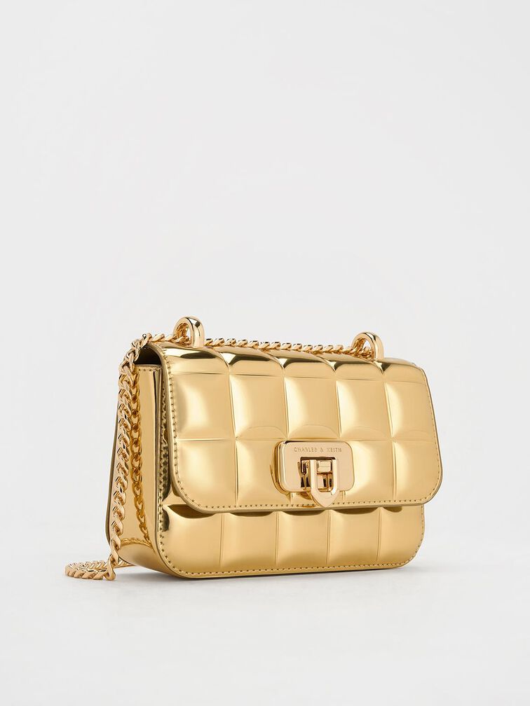 Metallic Square-Quilted Chain-Handle Bag, Gold, hi-res