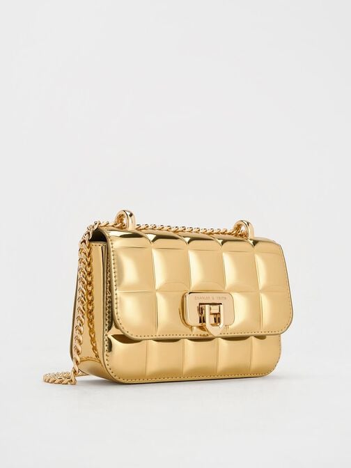 Metallic Square-Quilted Chain-Handle Bag, Gold, hi-res