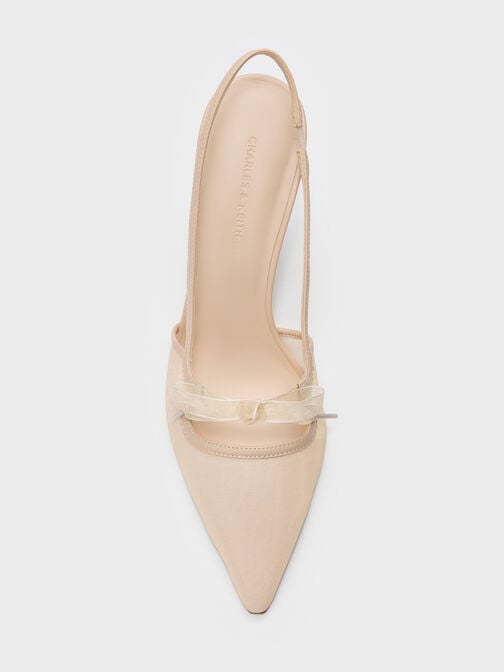 Venetia Mesh Bow Pointed Slingback Pumps, Nude, hi-res