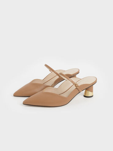 Cammie Metallic Sculptural Heel Mules, Camel, hi-res