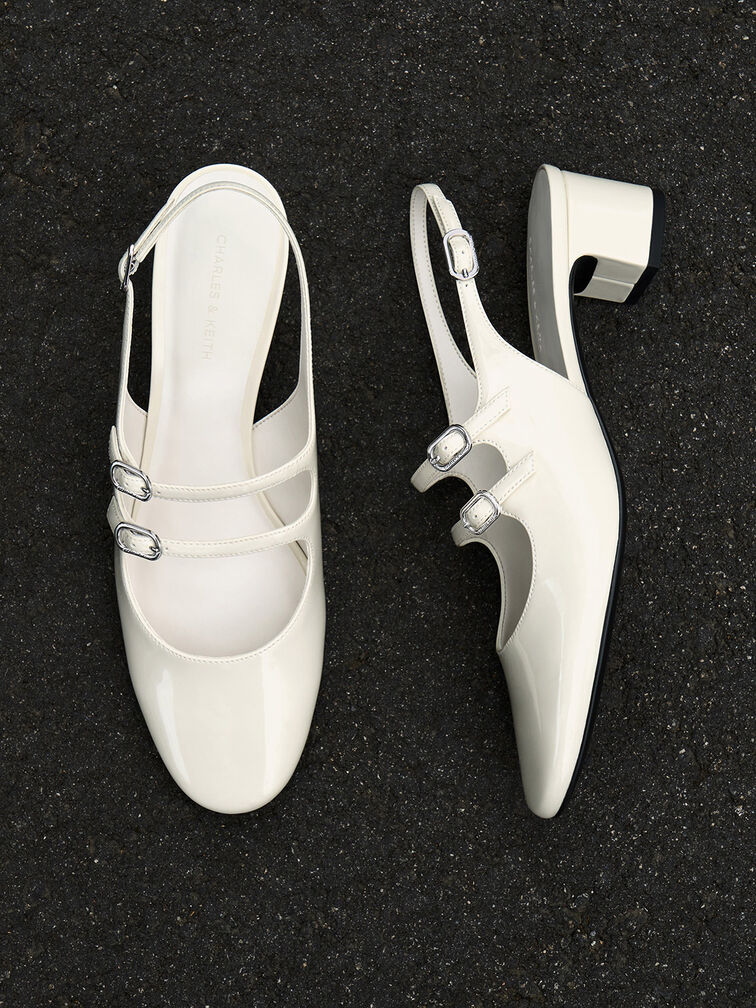 حذاء كليمنتاين بكعب وتصميم ماري جين مفتوح الظهر بمقدمة مغلقة وحزامين أماميين, أبيض طباشيري, hi-res