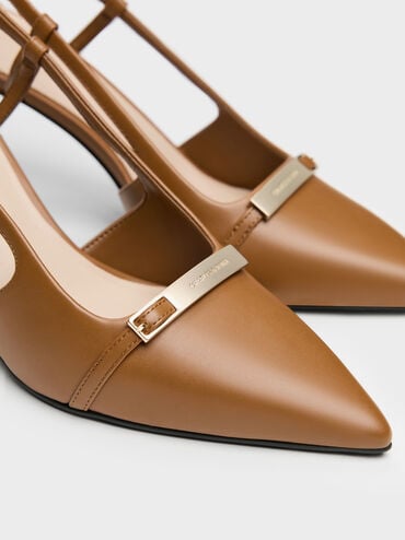Metallic-Bar Pointed Slingback Pumps, Cognac, hi-res