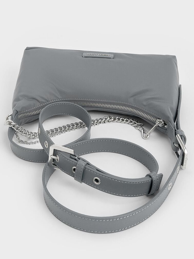 Nylon Chain-Link Trapeze Shoulder Bag, Grey, hi-res