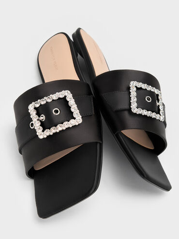 Recycled Polyester Gem-Buckle Square-Toe Slide Sandals, Black Textured, hi-res