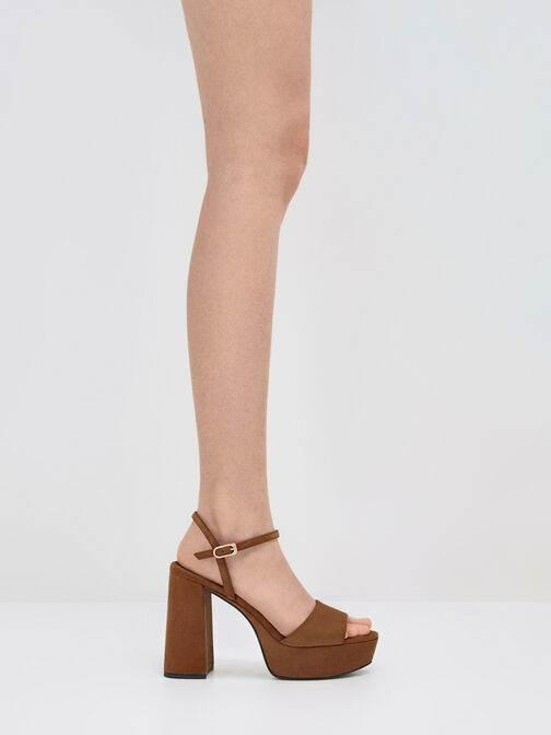 Satin Block-Heel Platform Sandals, Dark Brown Textured, hi-res